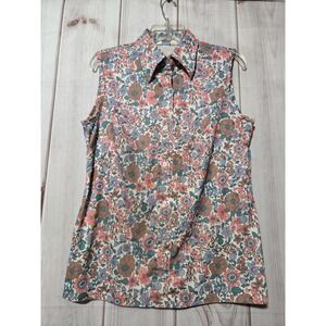 Vintage Sears Perma-Prest Sleeveless Floral Blouse 70s Psychedelic Retro Top M